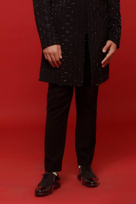 Sven Suits_Black Polyester, Viscose Embroidery, Beads Floral Jaali Sherwani With Pant _at_Aza_Fashions