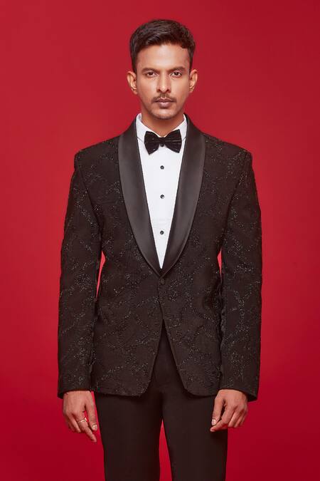 Sven Suits_Black Polyester, Viscose, Cotton Beads, Embroidery Wavy Checkered Tuxedo Set _Online_at_Aza_Fashions
