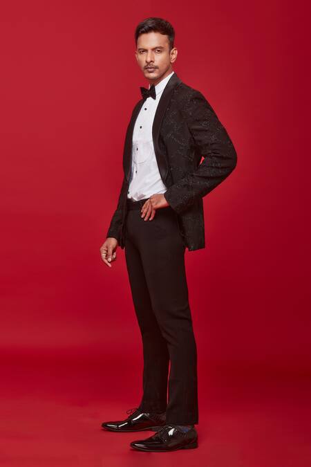 Shop_Sven Suits_Black Polyester, Viscose, Cotton Beads, Embroidery Wavy Checkered Tuxedo Set _Online_at_Aza_Fashions