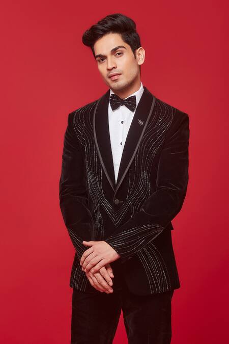 Sven Suits_Black Velvet, Cotton Beads Wave Embellished Tuxedo Set _Online_at_Aza_Fashions