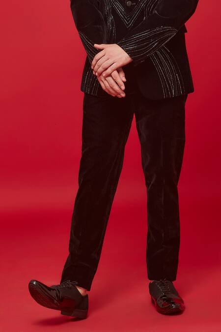 Buy_Sven Suits_Black Velvet, Cotton Beads Wave Embellished Tuxedo Set _Online_at_Aza_Fashions