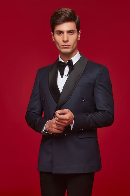 Sven Suits_Blue Satin Plain Tuxedo Set With Quilted Shirt _Online_at_Aza_Fashions