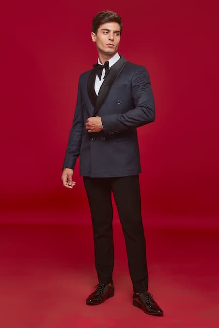 Shop_Sven Suits_Blue Satin Plain Tuxedo Set With Quilted Shirt _Online_at_Aza_Fashions