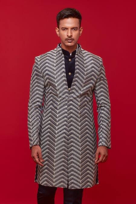 Sven Suits_Blue Faux Leather Embroidery Chevron Jacket Pant Set _Online_at_Aza_Fashions