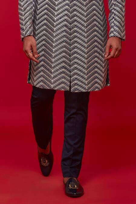 Buy_Sven Suits_Blue Faux Leather Embroidery Chevron Jacket Pant Set _Online_at_Aza_Fashions