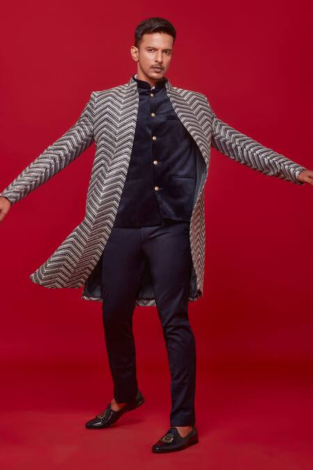 Shop_Sven Suits_Blue Faux Leather Embroidery Chevron Jacket Pant Set _Online_at_Aza_Fashions