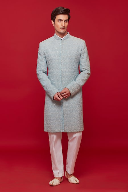 Sven suits Blue Georgette Embroidered Thread Honeycomb Sherwani With Pant 