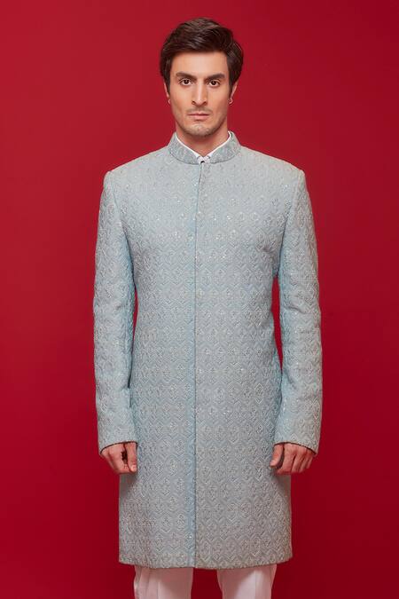 Sven Suits_Blue Silk, Georgette, Cotton Sequins, Honeycomb Embroidered Sherwani With Pant _Online_at_Aza_Fashions