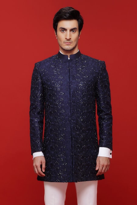 Sven Suits Blue Silk Embroidery, Beads Floral Pattern Embellished Sherwani Set Online at Aza Fashions Sven Suits_Blue Silk Embroidery, Beads Floral Pattern Embellished Sherwani Set _Online_at_Aza_Fashions