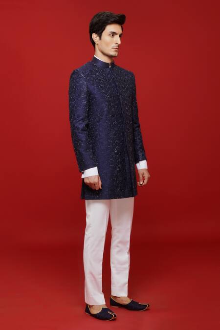 Shop Sven Suits Blue Silk Embroidery, Beads Floral Pattern Embellished Sherwani Set Online at Aza Fashions Shop_Sven Suits_Blue Silk Embroidery, Beads Floral Pattern Embellished Sherwani Set _Online_at_Aza_Fashions