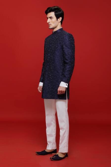 Sven Suits Blue Silk Embroidery, Beads Floral Pattern Embellished Sherwani Set at Aza Fashions Sven Suits_Blue Silk Embroidery, Beads Floral Pattern Embellished Sherwani Set _at_Aza_Fashions