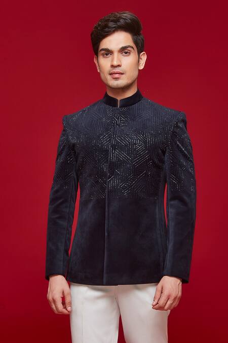 Sven Suits Blue Velvet, Cotton Beads Geometric Embroidered Jodhpuri With Pant Online at Aza Fashions Sven Suits_Blue Velvet, Cotton Beads Geometric Embroidered Jodhpuri With Pant _Online_at_Aza_Fashions