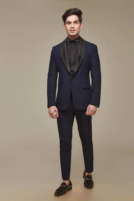 Sven Suits Blue Solid Tuxedo Set With Quilted Shirt 