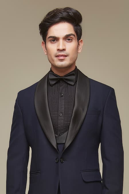 Sven Suits Blue Terrycloth, Rayon, Silk Embroidery Solid Tuxedo Set With Quilted Shirt Online at Aza Fashions Sven Suits_Blue Terrycloth, Rayon, Silk Embroidery Solid Tuxedo Set With Quilted Shirt _Online_at_Aza_Fashions