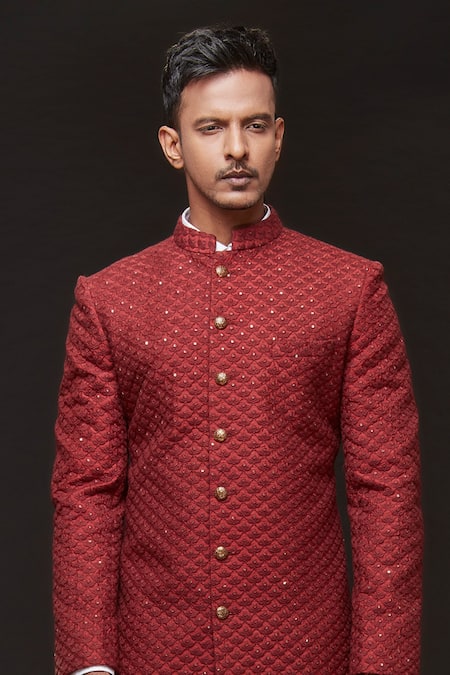 Sven Suits Red Sequins, Embroidery Floral Scallop Sherwani With Pant Online at Aza Fashions Sven Suits_Red Sequins, Embroidery Floral Scallop Sherwani With Pant _Online_at_Aza_Fashions