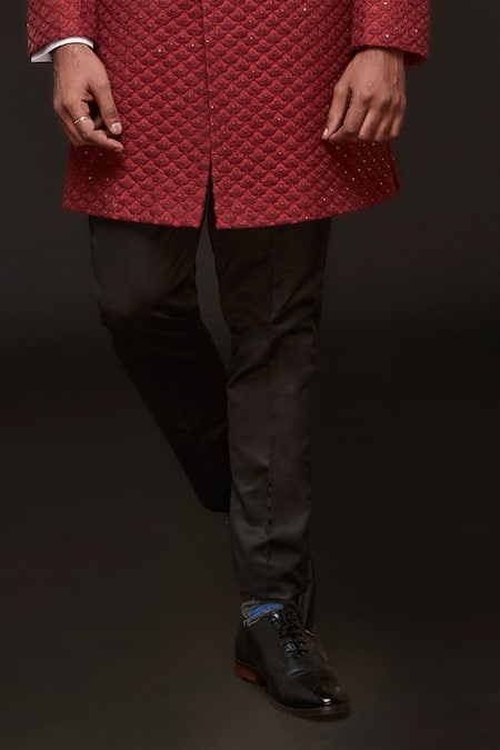 Buy Sven Suits Red Sequins, Embroidery Floral Scallop Sherwani With Pant Online at Aza Fashions Buy_Sven Suits_Red Sequins, Embroidery Floral Scallop Sherwani With Pant _Online_at_Aza_Fashions