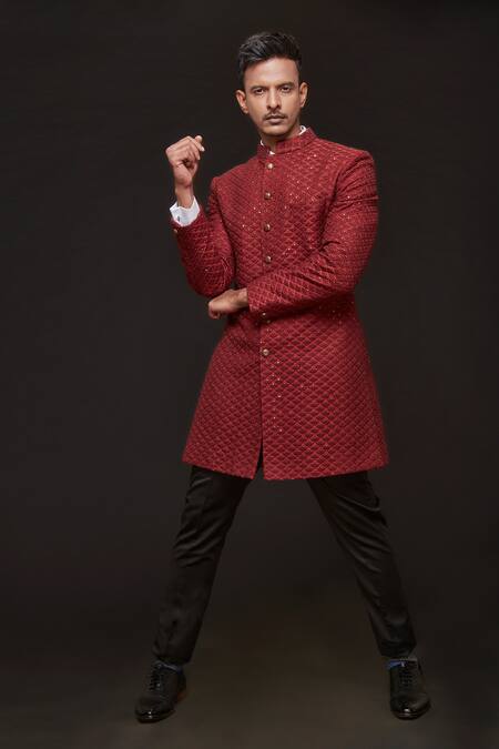 Shop Sven Suits Red Sequins, Embroidery Floral Scallop Sherwani With Pant Online at Aza Fashions Shop_Sven Suits_Red Sequins, Embroidery Floral Scallop Sherwani With Pant _Online_at_Aza_Fashions