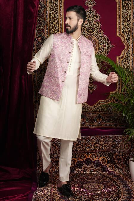 Sven Suits_Multi Color Cotton, Faux Leather Multicolor Paisley Jaal Bundi Set _Online_at_Aza_Fashions