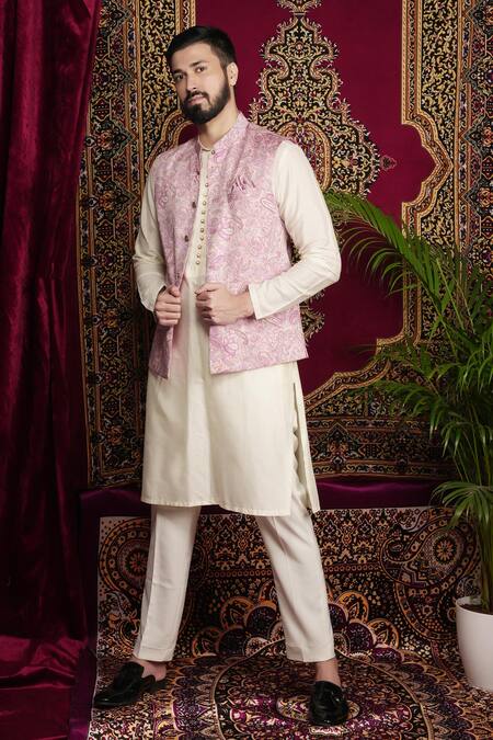 Buy_Sven Suits_Multi Color Cotton, Faux Leather Multicolor Paisley Jaal Bundi Set _Online_at_Aza_Fashions