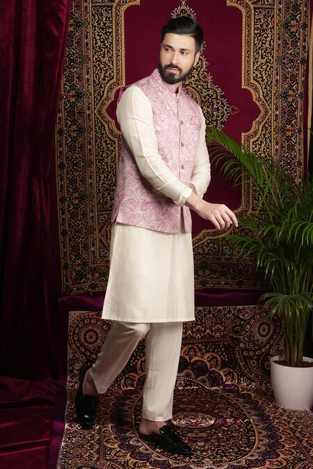Sven Suits_Multi Color Cotton, Faux Leather Multicolor Paisley Jaal Bundi Set _at_Aza_Fashions