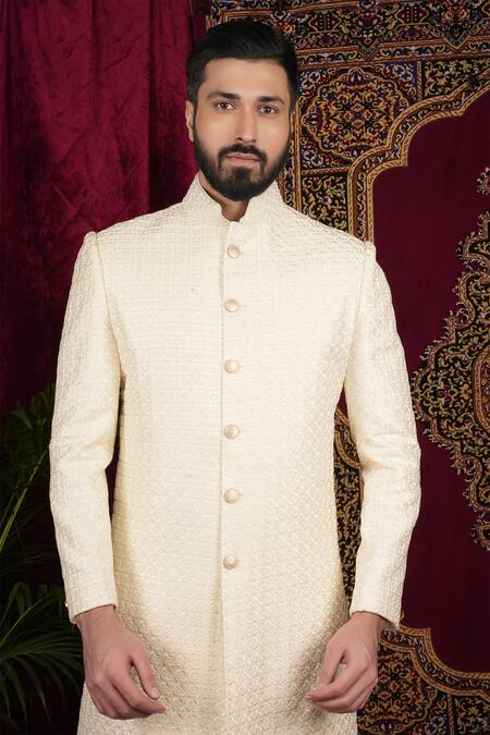 Sven Suits Cream Faux Leather Cut Work, Sequins, Embroidery Geometric Sherwani Set Online at Aza Fashions Sven Suits_Cream Faux Leather Cut Work, Sequins, Embroidery Geometric Sherwani Set _Online_at_Aza_Fashions