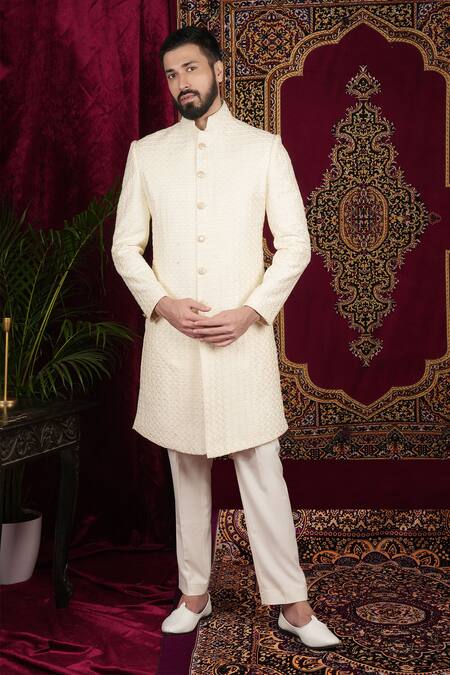 Buy Sven Suits Cream Faux Leather Cut Work, Sequins, Embroidery Geometric Sherwani Set Online at Aza Fashions Buy_Sven Suits_Cream Faux Leather Cut Work, Sequins, Embroidery Geometric Sherwani Set _Online_at_Aza_Fashions