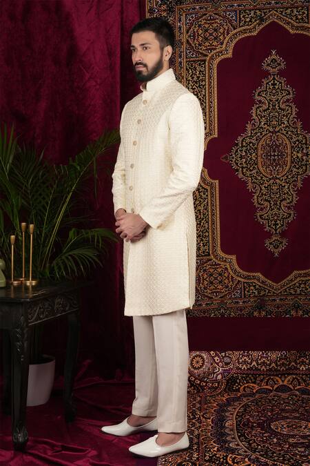 Shop Sven Suits Cream Faux Leather Cut Work, Sequins, Embroidery Geometric Sherwani Set Online at Aza Fashions Shop_Sven Suits_Cream Faux Leather Cut Work, Sequins, Embroidery Geometric Sherwani Set _Online_at_Aza_Fashions