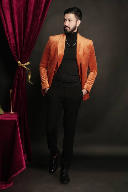 Sven Suits_Orange Velvet, Polyester Shawl Collar Tuxedo Set _Online_at_Aza_Fashions