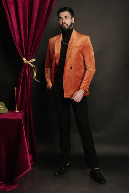 Buy_Sven Suits_Orange Velvet, Polyester Shawl Collar Tuxedo Set _Online_at_Aza_Fashions