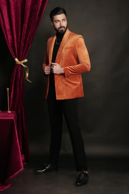 Shop_Sven Suits_Orange Velvet, Polyester Shawl Collar Tuxedo Set _Online_at_Aza_Fashions