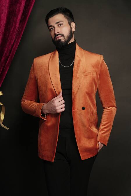 Sven Suits_Orange Velvet, Polyester Shawl Collar Tuxedo Set _at_Aza_Fashions