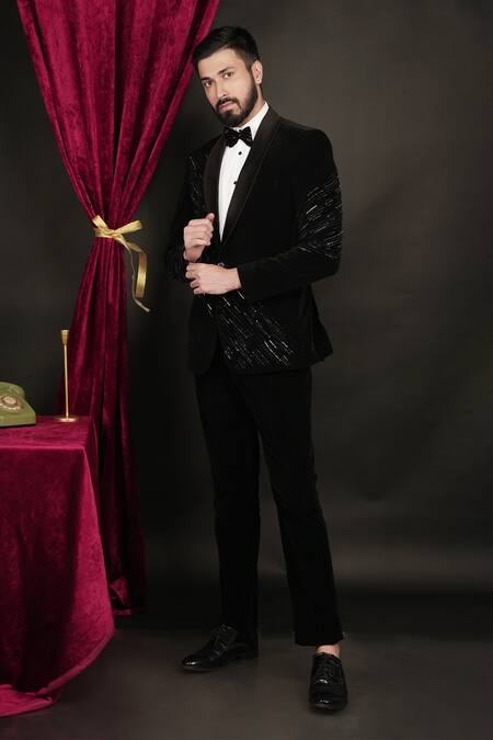Sven Suits Black Velvet Cut Work, Embroidery Cutdana Tuxedo Set Online at Aza Fashions Sven Suits_Black Velvet Cut Work, Embroidery Cutdana Tuxedo Set _Online_at_Aza_Fashions