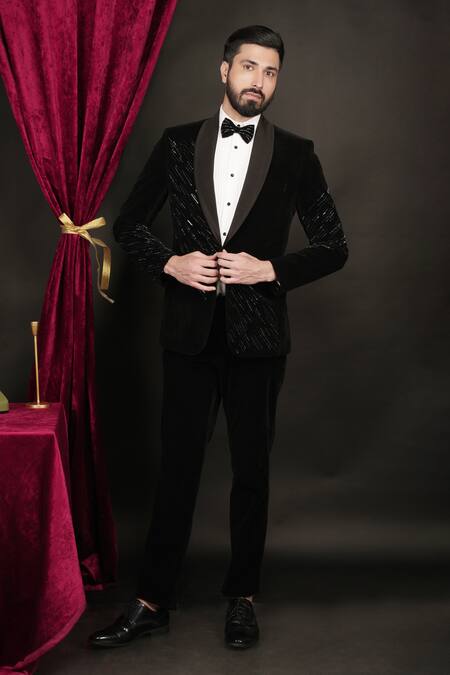 Shop Sven Suits Black Velvet Cut Work, Embroidery Cutdana Tuxedo Set Online at Aza Fashions Shop_Sven Suits_Black Velvet Cut Work, Embroidery Cutdana Tuxedo Set _Online_at_Aza_Fashions