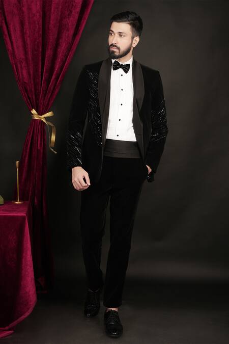 Sven Suits Black Velvet Cut Work, Embroidery Cutdana Tuxedo Set at Aza Fashions Sven Suits_Black Velvet Cut Work, Embroidery Cutdana Tuxedo Set _at_Aza_Fashions