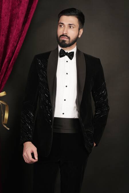 Buy Sven Suits Black Velvet Cut Work, Embroidery Cutdana Tuxedo Set Buy_Sven Suits_Black Velvet Cut Work, Embroidery Cutdana Tuxedo Set