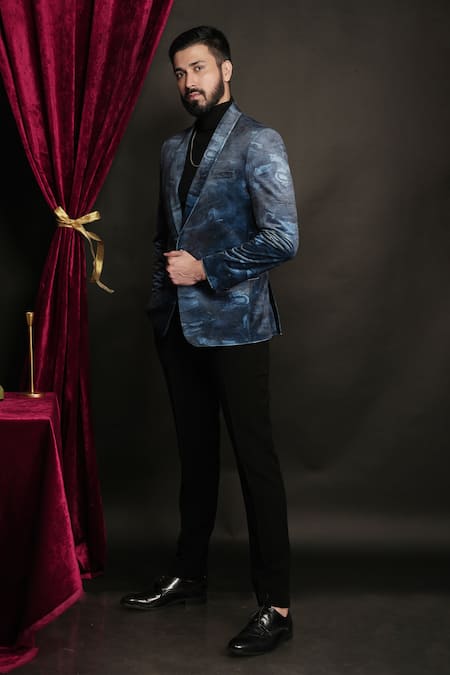 Sven Suits_Blue Velvet Abstract Print Tuxedo Set _Online_at_Aza_Fashions