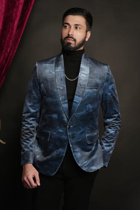Shop_Sven Suits_Blue Velvet Abstract Print Tuxedo Set _Online_at_Aza_Fashions
