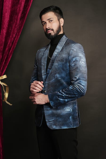 Sven Suits_Blue Velvet Abstract Print Tuxedo Set _at_Aza_Fashions