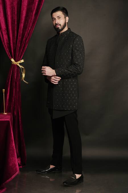 Buy Sven Suits Black Polyester, Viscose Cut Work, Stones, Cutdana Jacket And Waistcoat Set Online at Aza Fashions Buy_Sven Suits_Black Polyester, Viscose Cut Work, Stones, Cutdana Jacket And Waistcoat Set _Online_at_Aza_Fashions