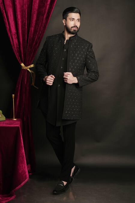 Shop Sven Suits Black Polyester, Viscose Cut Work, Stones, Cutdana Jacket And Waistcoat Set Online at Aza Fashions Shop_Sven Suits_Black Polyester, Viscose Cut Work, Stones, Cutdana Jacket And Waistcoat Set _Online_at_Aza_Fashions