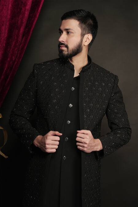 Sven Suits Black Polyester, Viscose Cut Work, Stones, Cutdana Jacket And Waistcoat Set at Aza Fashions Sven Suits_Black Polyester, Viscose Cut Work, Stones, Cutdana Jacket And Waistcoat Set _at_Aza_Fashions