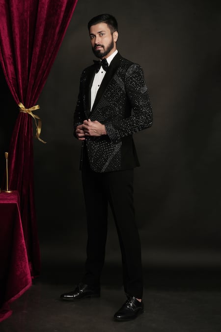 Sven Suits_Black Polyester, Viscose Sequins Embroidered Tuxedo Set _Online_at_Aza_Fashions