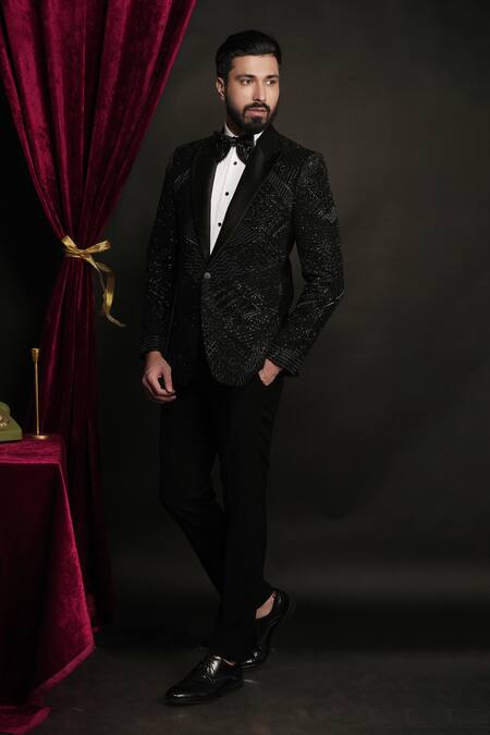 Shop_Sven Suits_Black Polyester, Viscose Sequins Embroidered Tuxedo Set _Online_at_Aza_Fashions