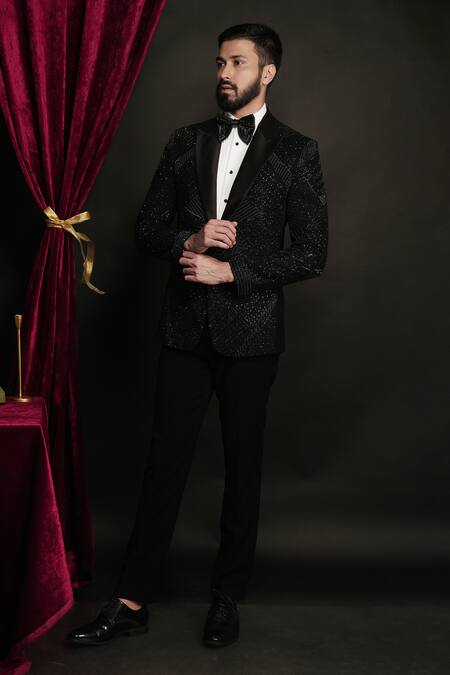 Sven Suits_Black Polyester, Viscose Sequins Embroidered Tuxedo Set _at_Aza_Fashions