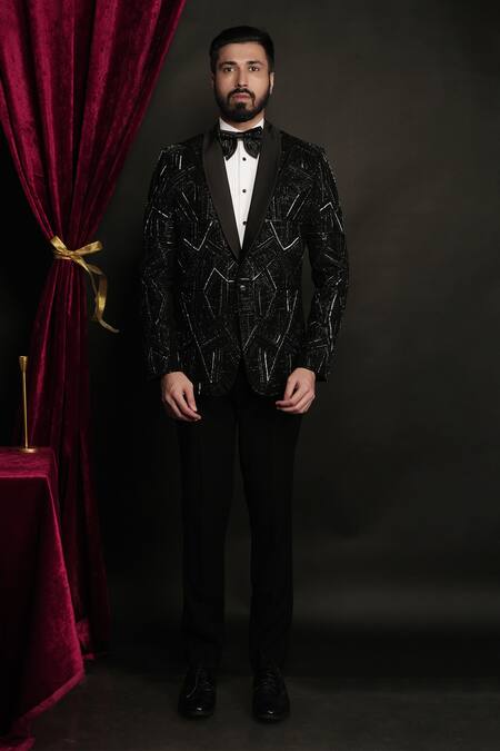 Sven Suits_Black Polyester, Viscose Sequins Prism Embroidered Tuxedo Set _Online_at_Aza_Fashions