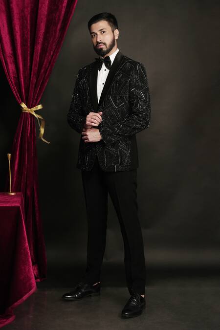 Buy_Sven Suits_Black Polyester, Viscose Sequins Prism Embroidered Tuxedo Set _Online_at_Aza_Fashions