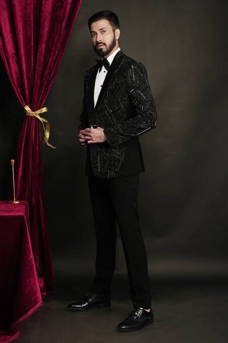Shop_Sven Suits_Black Polyester, Viscose Sequins Prism Embroidered Tuxedo Set _Online_at_Aza_Fashions