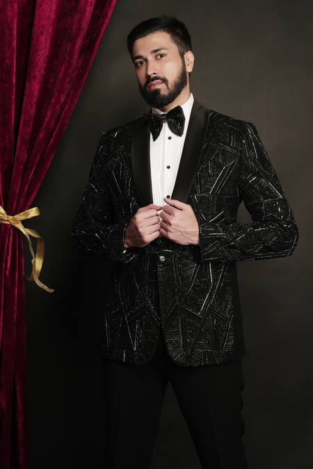 Sven Suits_Black Polyester, Viscose Sequins Prism Embroidered Tuxedo Set _at_Aza_Fashions