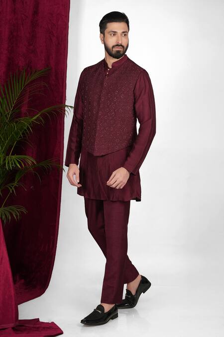 Sven Suits Wine Faux Leather Embroidery, Cut Work Waistcoat Set Online at Aza Fashions Sven Suits_Wine Faux Leather Embroidery, Cut Work Waistcoat Set _Online_at_Aza_Fashions