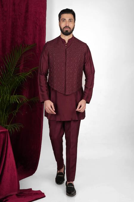 Buy Sven Suits Wine Faux Leather Embroidery, Cut Work Waistcoat Set Online at Aza Fashions Buy_Sven Suits_Wine Faux Leather Embroidery, Cut Work Waistcoat Set _Online_at_Aza_Fashions